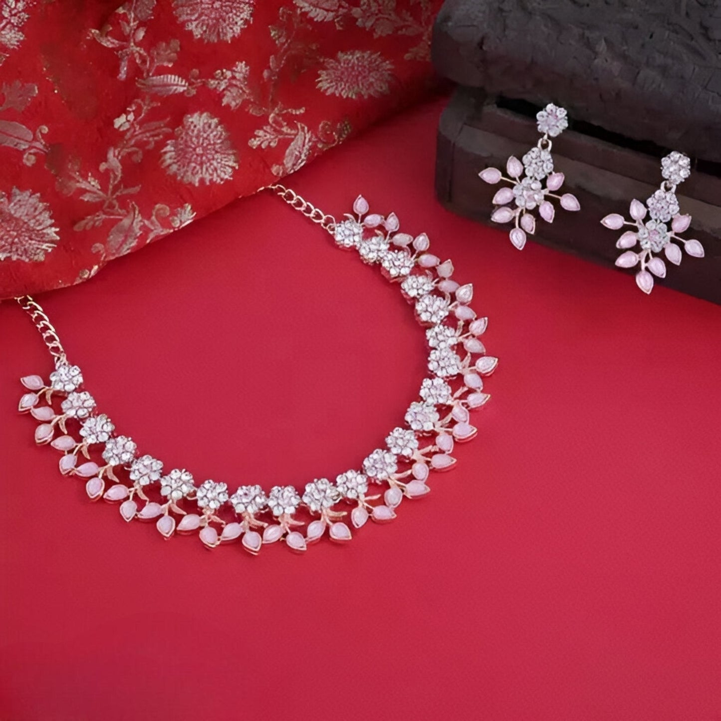 Rose Gold Plated Necklace set with Peach color Kundan